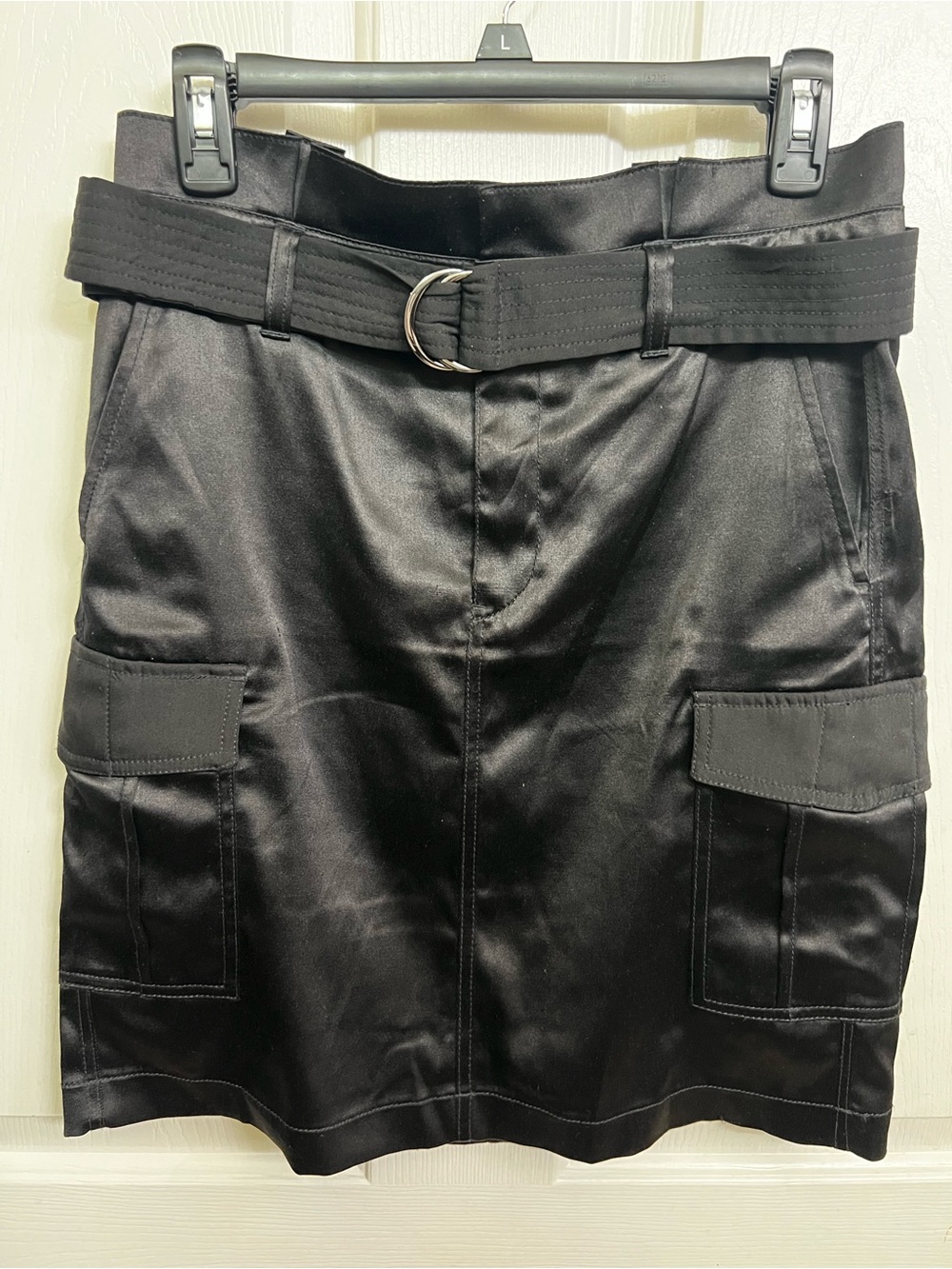 Black Satin Cargo Mini Skirt with Belt